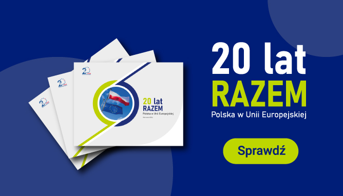Stos okładek publikacji "20 lat razem. Polska w Unii Europejskiej" W prawej części grafiki powtórzony tytuł publikacji. Pod tekstem znajduje się zielony przycisk z napisem "Sprawdź"