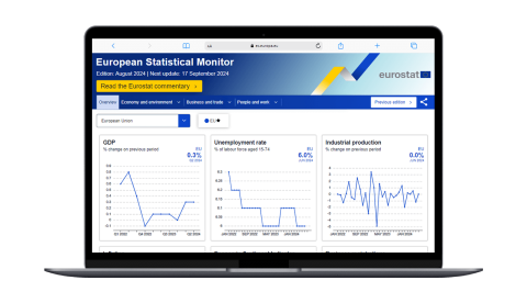 Widok strony narzędzia do wizualizacji danych European Statistical Monitor na ekranie laptopa.