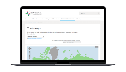 Widok strony narzędzia do wizualizacji danych WTO – Trade Maps na ekranie laptopa.