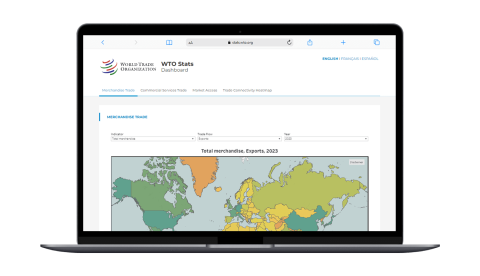 Widok strony narzędzia do wizualizacji danych WTO Stats Dashboard na ekranie laptopa.