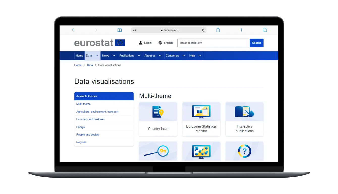 Widok strony narzędzia do wizualizacji danych Eurostat’s data visualisations  na ekranie laptopa.