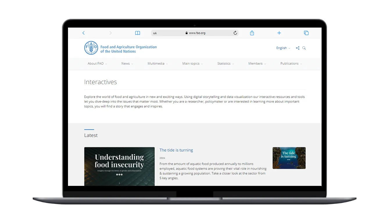 Widok strony narzędzia do wizualizacji danych FAO Interactives na ekranie laptopa.