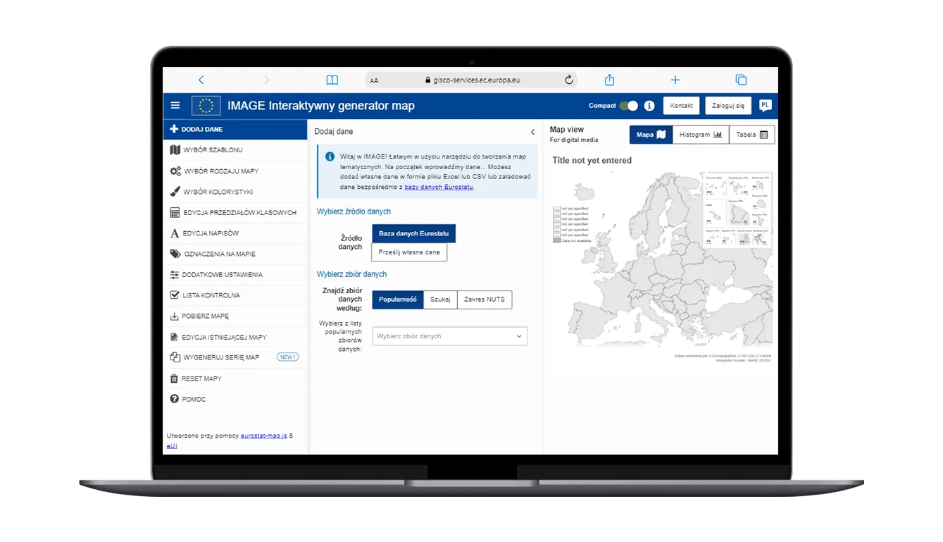 Widok strony narzędzia do wizualizacji danych IMAGE Interaktywny generator map na ekranie laptopa.