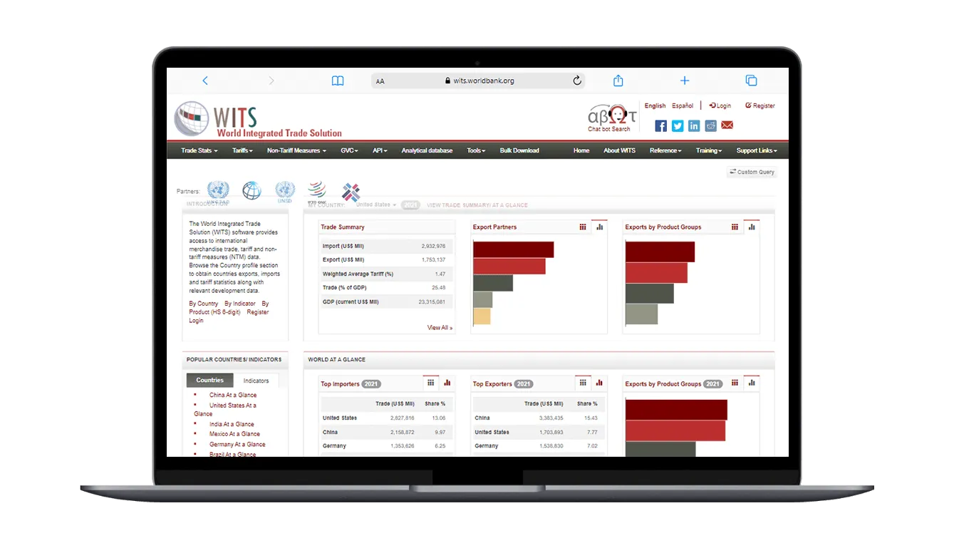 Widok strony narzędzia do wizualizacji danych WITS ? Trade Data Visualization na ekranie laptopa.