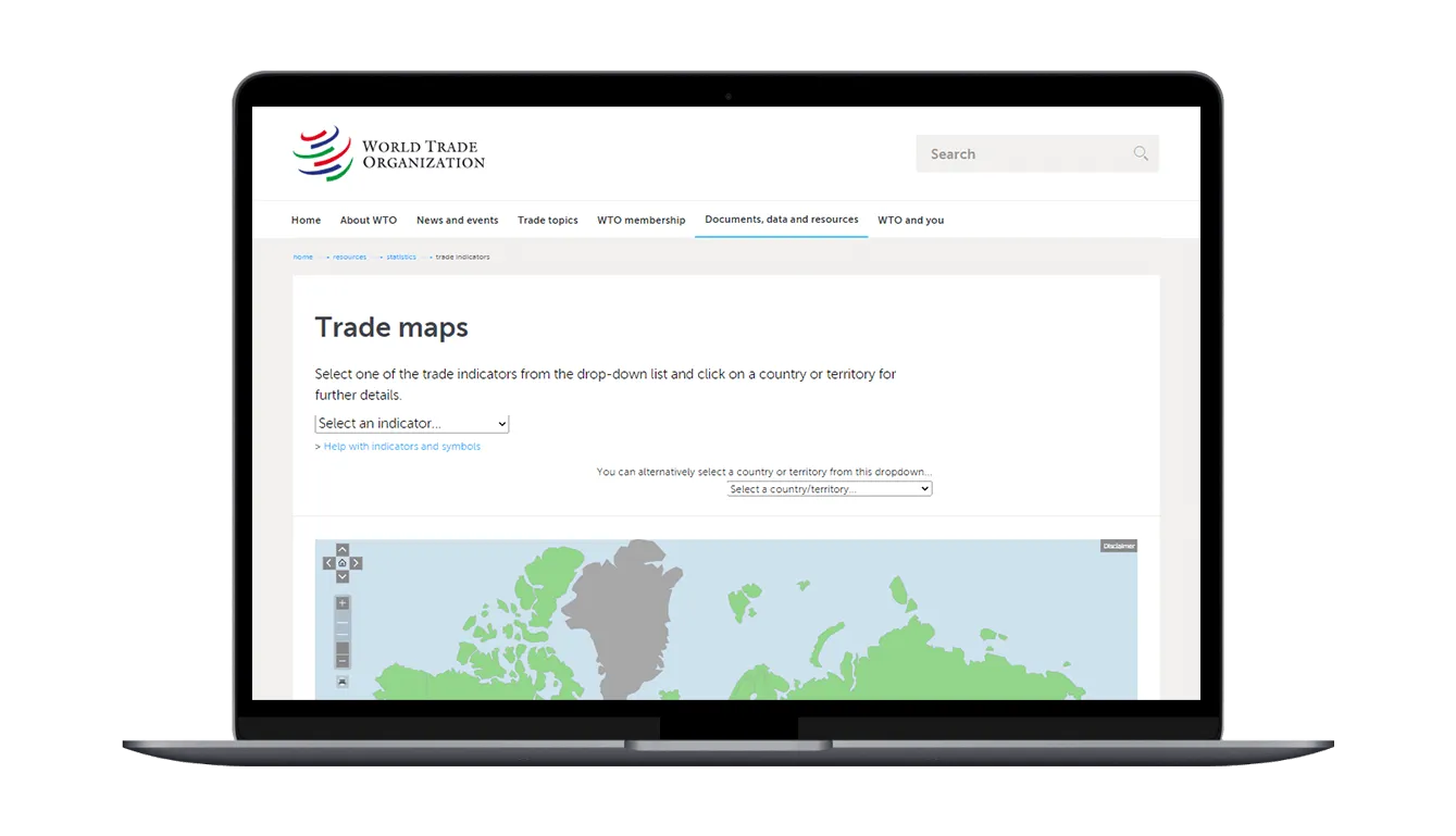Widok strony narzędzia do wizualizacji danych WTO – Trade Maps na ekranie laptopa.