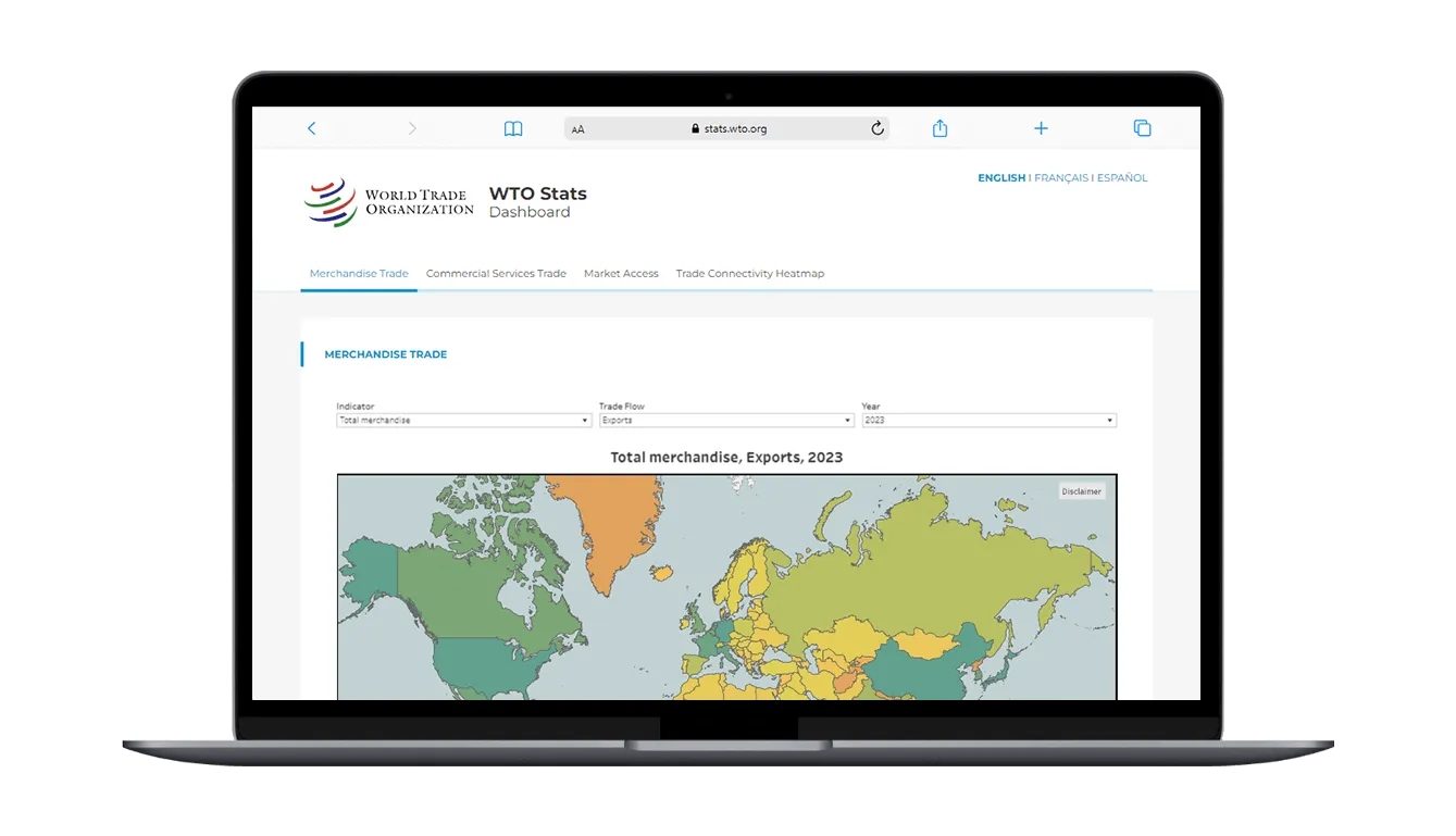 Widok strony narzędzia do wizualizacji danych WTO Stats Dashboard na ekranie laptopa.