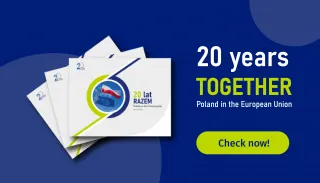 Powiększ obraz: A stack of covers of the publication '20 Years Together. Poland in the European Union.' On the right side of the graphic, the title of the publication is repeated. Below the text, there is a green button with the inscription 'Check'.